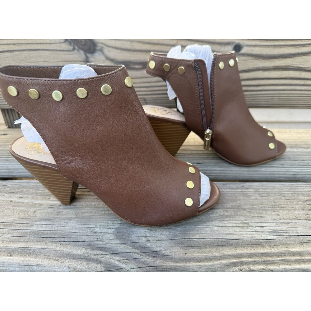 Vince Camuto Edia Tan Leather Studded Peep Toe Ankle Booties, 8W